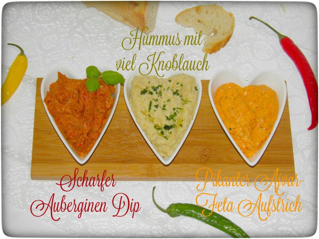 Orientalisch-Genießen-mit-Hummus-Auberginen-Dip-und-Ajvar-Aufstich-mit-frischem-Baguette