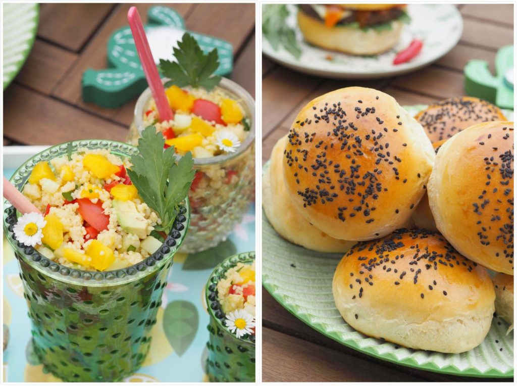 hamburger-mit-dinkelbroetchen-couscous-mango-salat –kraeutern-grillen