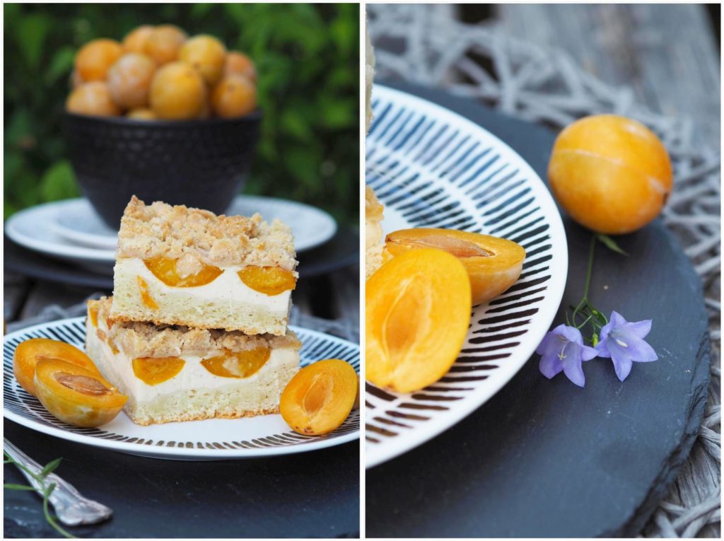 Käse-Blechkuchen mit gelben Pflaumen und Mandel-Streusel-Haube ...