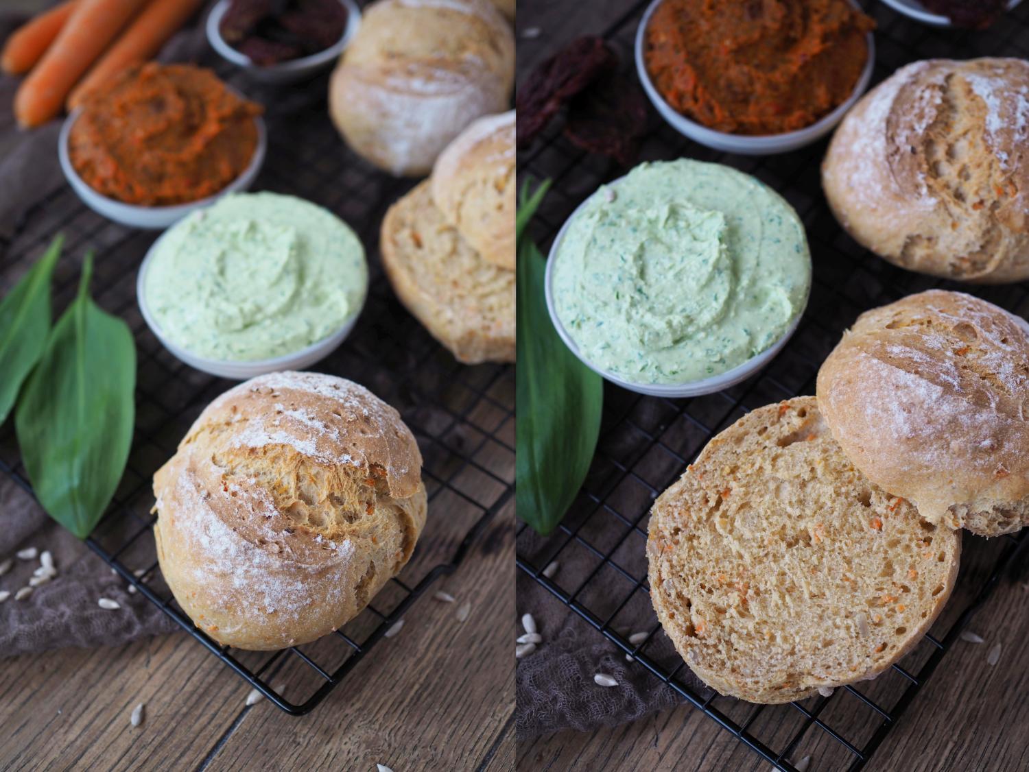 Karottenbrötchen, Bärlauch-Dip &amp; Paprika-Aufstrich - Wiewowasistgut